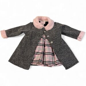 Youngland Baby Girls Metallic Woven Coat Set Faux Fur Matching Plaid Dress 12 Mo